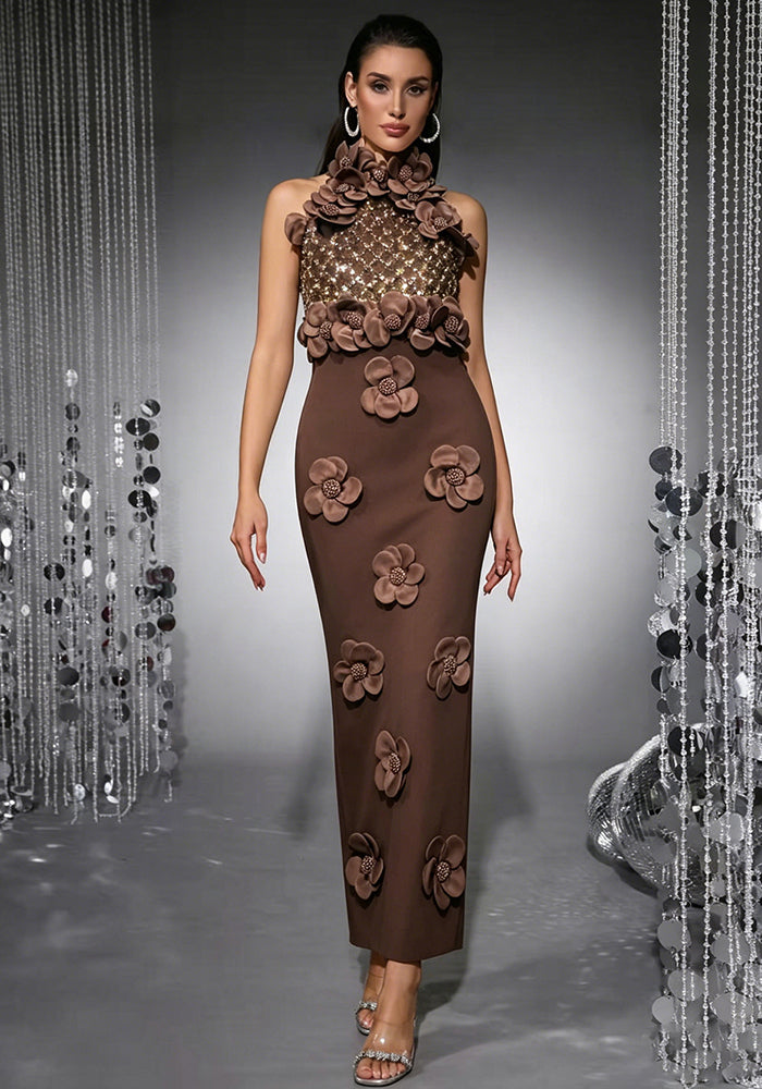 Halter See-Through Mesh Sequin Flower Bodycon Slit Maxi Dress