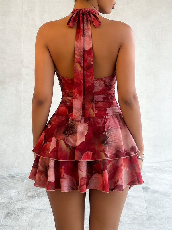 V-Neck Cascading Ruffles Halter Pleated Camisole Dress