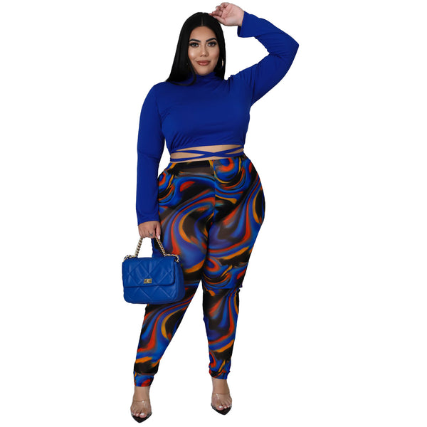 Contrast Patchwork Lace-Up Top & Printed Pants Two-Piece Set for Casual Wear