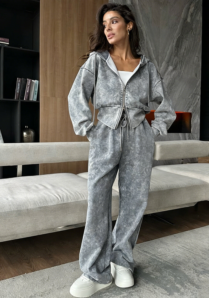 Washed Zip-Up Hoodie & Sweatpants Tracksuit Set for Streetwear