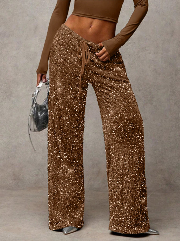 Women Sequined Drawstring Stretchy Pant