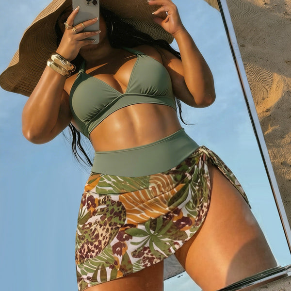 Printed Halter Lace-Up Bikini & Skort Pants Two-Piece Set
