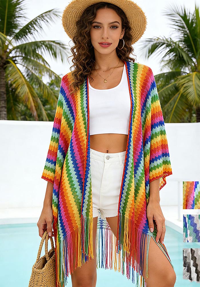 Striped Crochet Hollow-Out Tassel Loose Cardigan for Beachwear