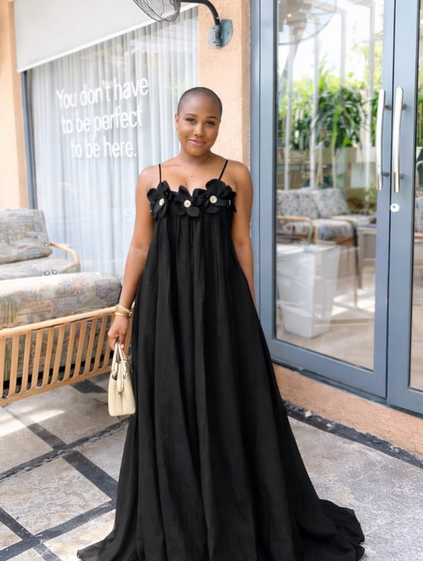 African Solid Strap Embroidered Floral Dress for Spring & Summer Holidays