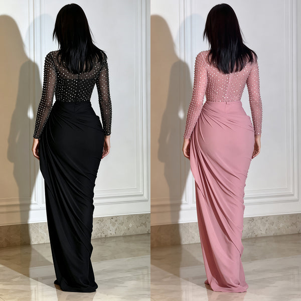 Beaded High Neck Mesh Long Sleeve Ruched Bodycon Dress for Evening Parties
