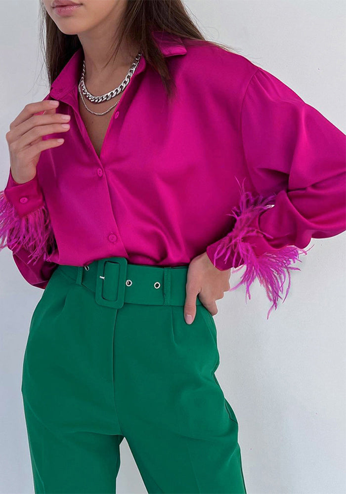 Autumn Casual Feather Trim Long Sleeve Cardigan Shirt for Women