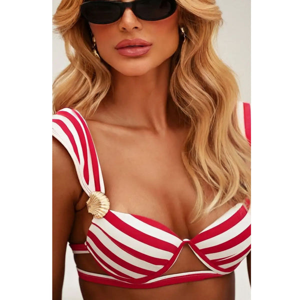 Striped Print Ruffle Lace-Up Two-Piece Bikini Swimsuit