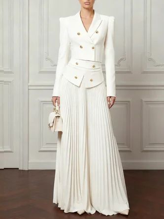 Blazer & Pleated Long Skirt Two-Piece Set for Career & Events