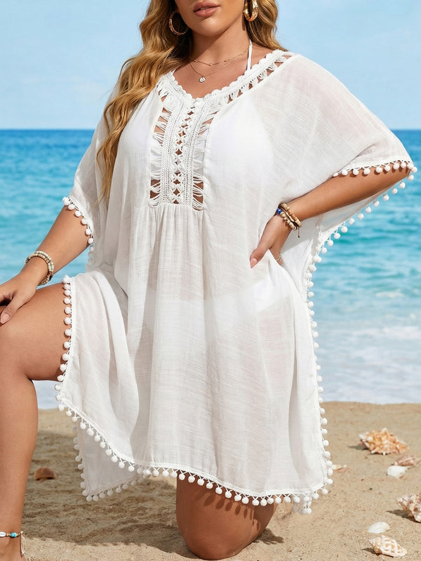 Plus Size Women Beach Cover-Up Hand-Crocheted Patchwork Slit Dress