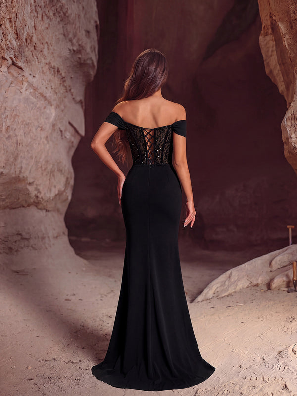 Off-Shoulder Strapless Lace Sequin Corset Split Mermaid Evening Dress