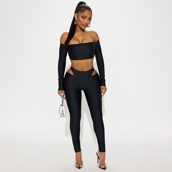 Off-Shoulder Crop Top & High-Waist Hollow Out Pants Set