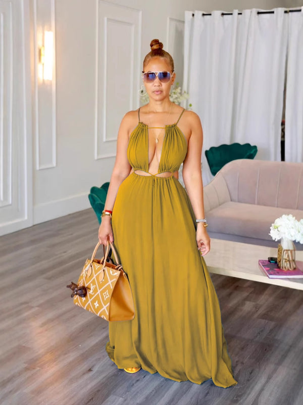 Sleeveless Hollow Backless Solid Maxi Dress for Summer Events