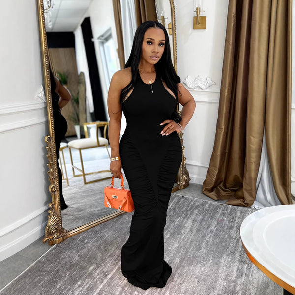 Ruched Halter Backless Solid Bodycon Maxi Dress for Evening Parties