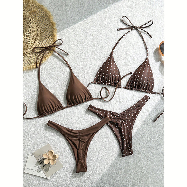 Polka Dot Tie-Side Four-Piece Bikini Swimsuit Set for Beachwear