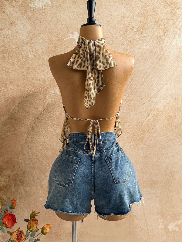 Leopard Print Halter Lace-Up Backless Mesh Top for Club Wear