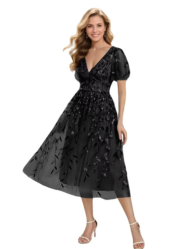 Sequin Embroidered V-Neck Short Sleeve Midi Prom Gown
