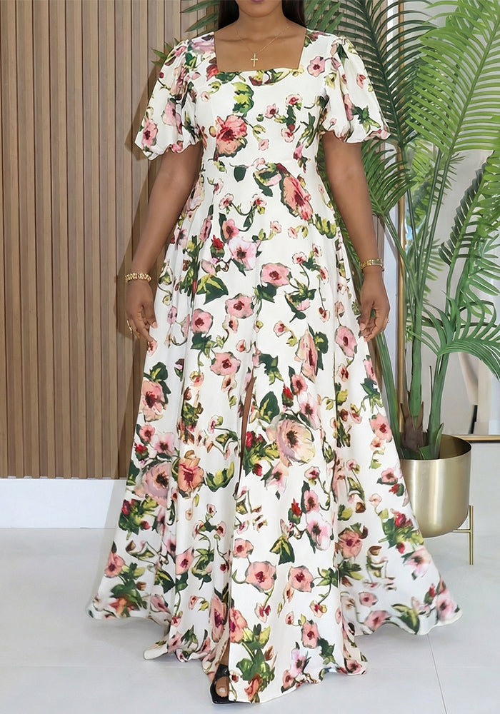 Printed Split Bubble Sleeve Dress for Holiday Vacations