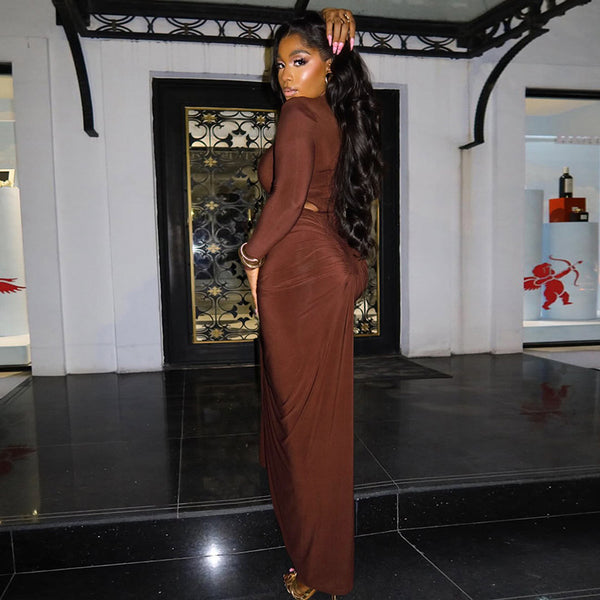 High Neck Long Sleeve Ruched Bodycon Maxi Dress for Career & Office
