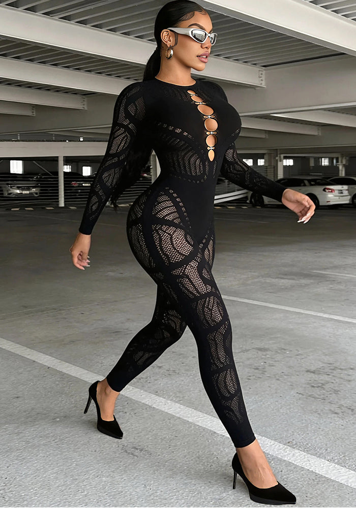 Hollow-Out Rhinestone Bodysuit for Holiday Parties