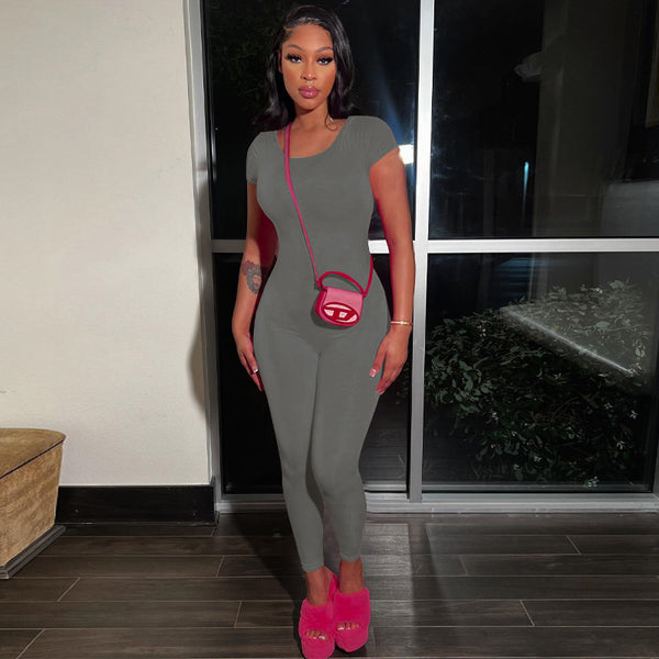Backless Solid Short-Sleeve Jumpsuit for Summer Outings