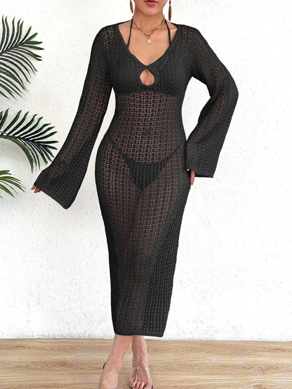 See-Through Mesh Deep V Cover-Up Dress for Beachwear