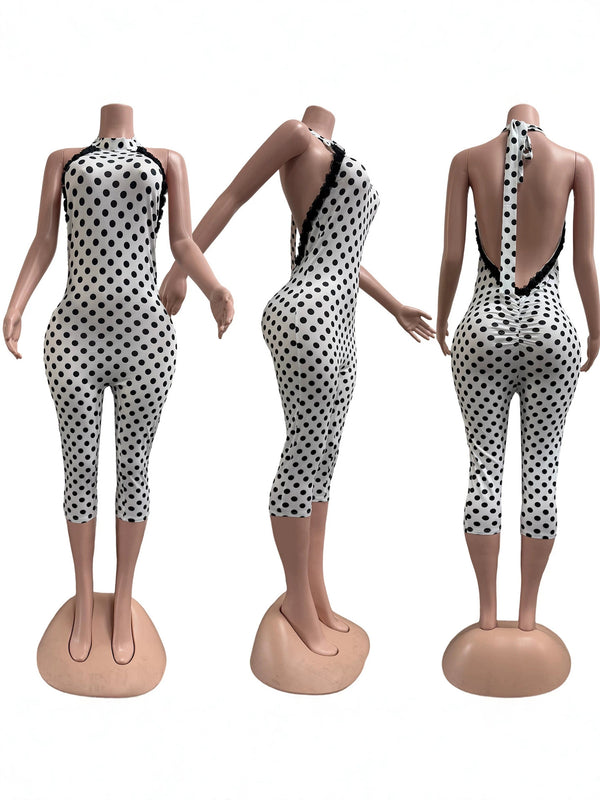 Polka Dot Patchwork Stretch Slim Fit Jumpsuit for Casual Wear
