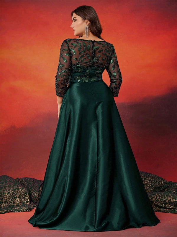 Plus Size Women Sequin Round Neck Patchwork Formal Party Elegant Evening Dress