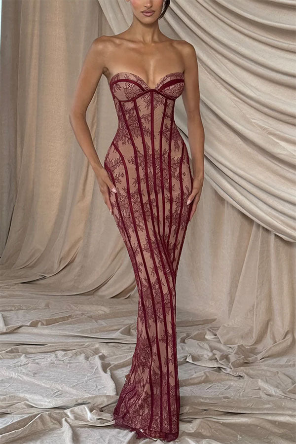 Women Lace Bodycon Party Tie-Waist Maxi Dress