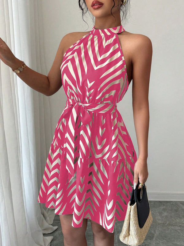 Wavy Striped Printed Halter Neck Sleeveless Stand Collar Mini Dress for Summer