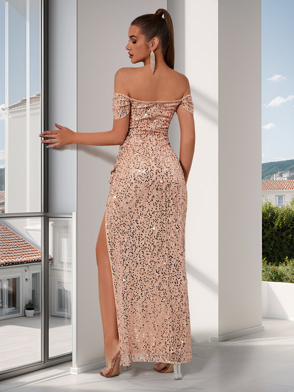 Sequin Sleeveless High Slit One-Shoulder Evening Dress for Formal Parties