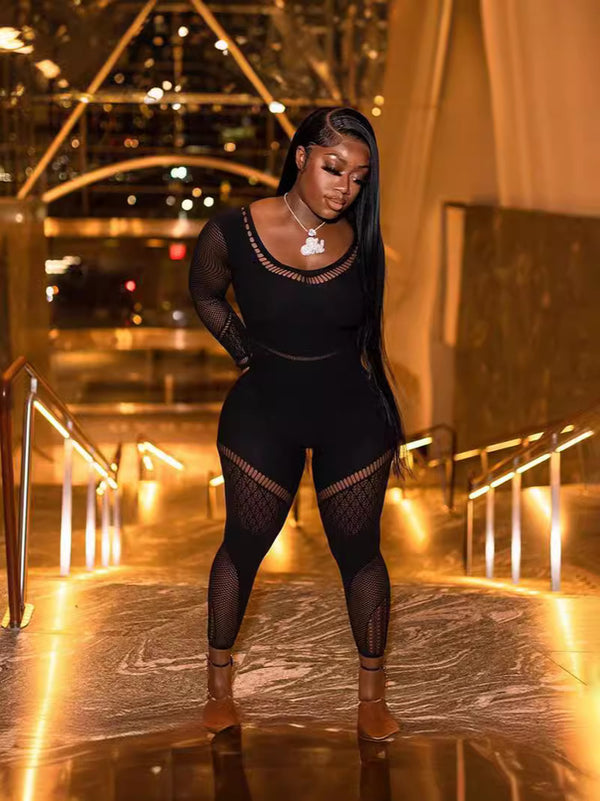 Cutout High-Waist Long-Sleeve Jumpsuit for Fall Clubwear