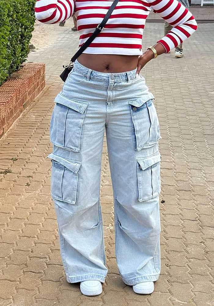 Washed Denim Cargo Pants for Casual Streetwear