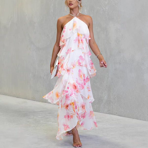 Layered Chiffon Printed Lace-Up Dress for Spring/Summer Holidays