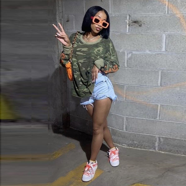 Letter Print Camo Long Sleeve Top for Casual Spring Streetwear