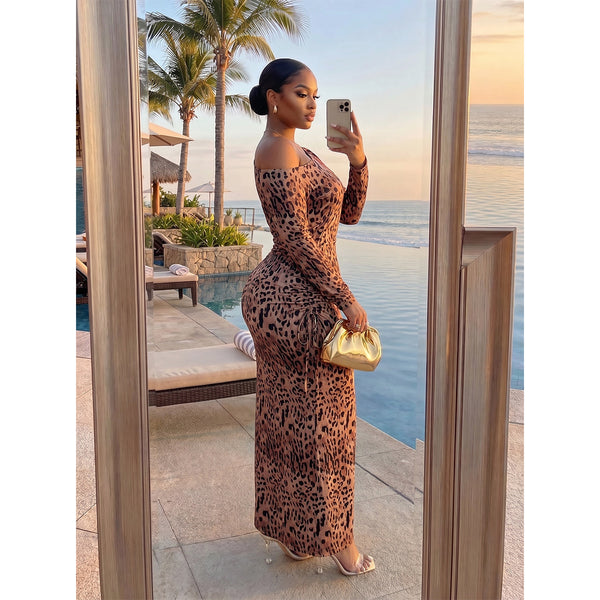 Leopard Print Slash Shoulder Long Sleeve Pleated Bodycon Dress for Holidays