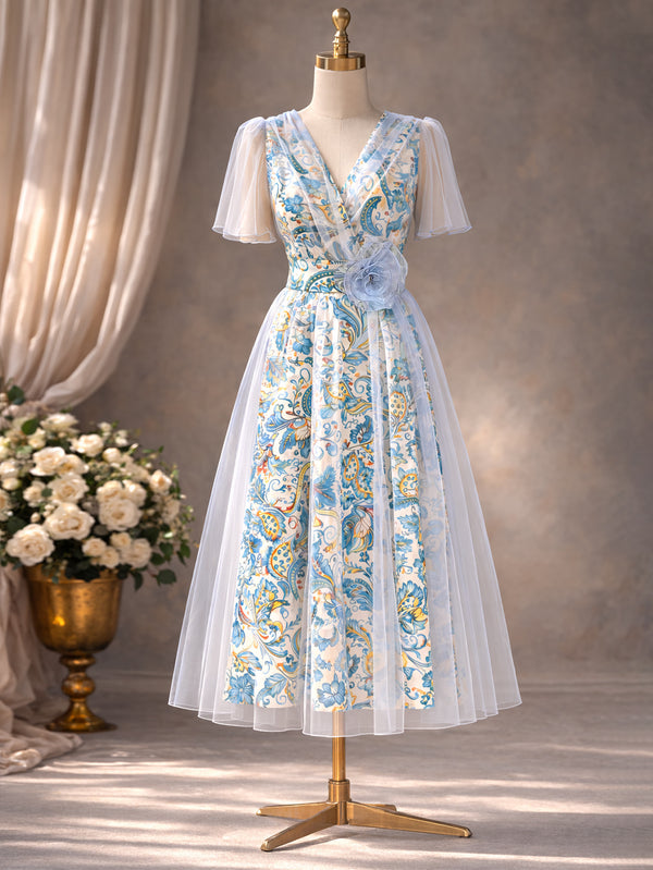 Plus Size Floral Printed Mesh Patchwork V-Neck Puff Sleeve Dress