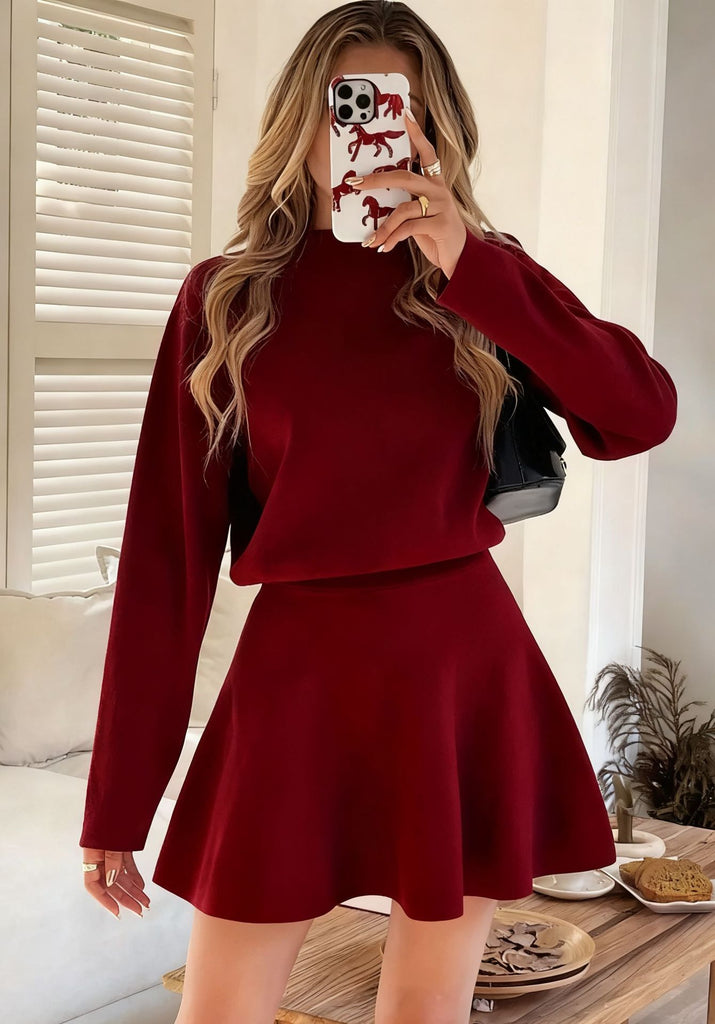 Long Sleeve High-Neck Pleated Knit Skirt