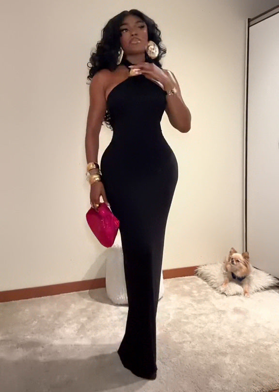 Women Summer Sleeveless Halter Neck Solid Dress