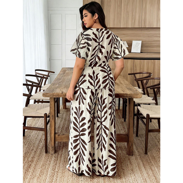 Plus Size Plant Print V-Neck Shirt & Wide Leg Pants Set for Summer