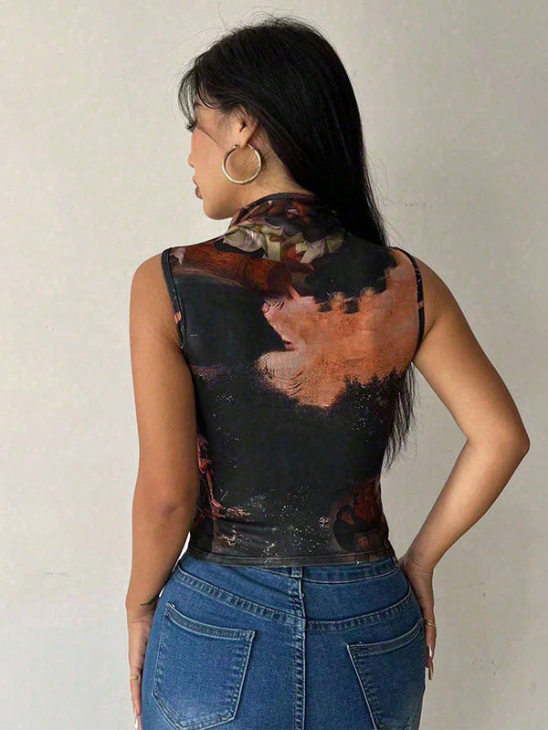 Printed Sleeveless Irregular Hem Top for Casual Outings