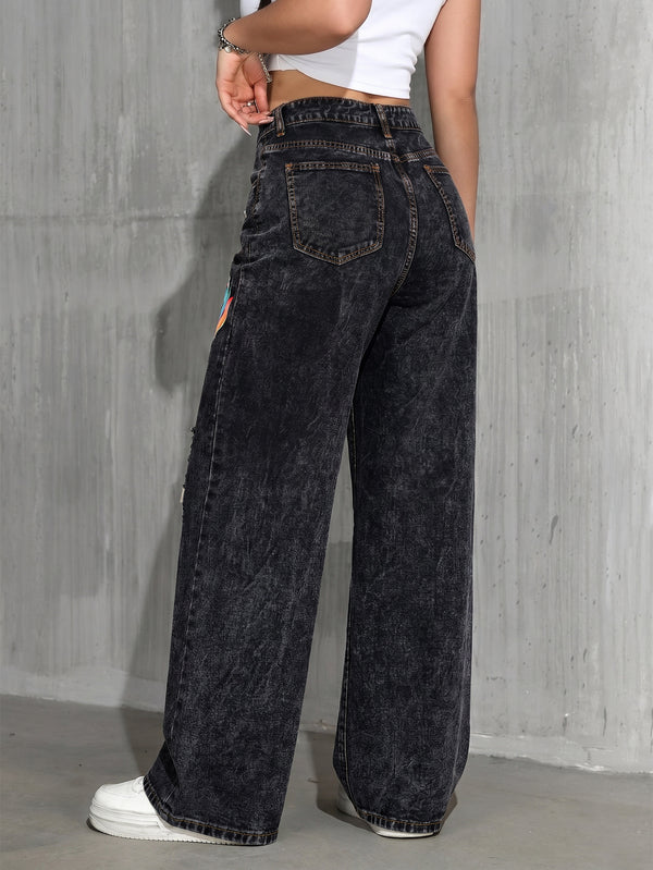 High Waist Washed Printed Ripped Wide Leg Denim Jeans for Casual Streetwear