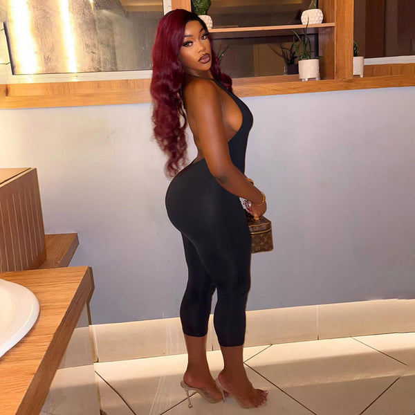 Solid Halter Low Back Tie-Neck Cropped Jumpsuit for Evening Wear