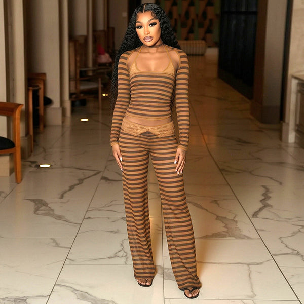 Striped Halter Neck Top & Lace Patchwork Long Pants Two-Piece Set