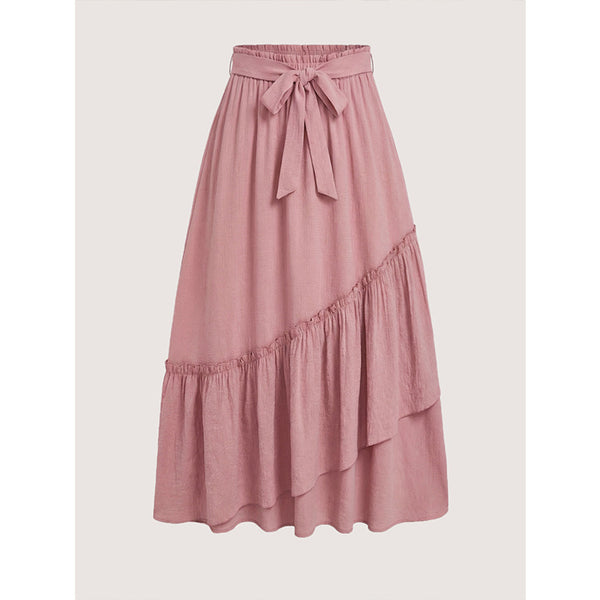 Plus Size Pink Ruffle Elastic Waist Maxi Skirt for Summer Outings