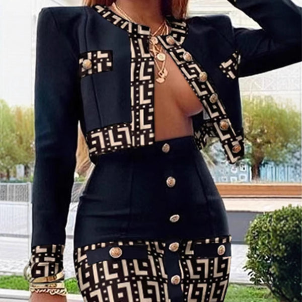 Metal Button Long Sleeve Top & Skirt Two-Piece Set for Casual Office