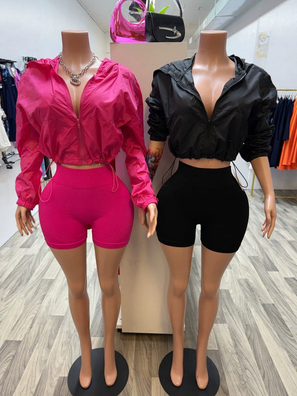 Solid Zip-Up Top & Shorts Two-Piece Set for Casual Wear
