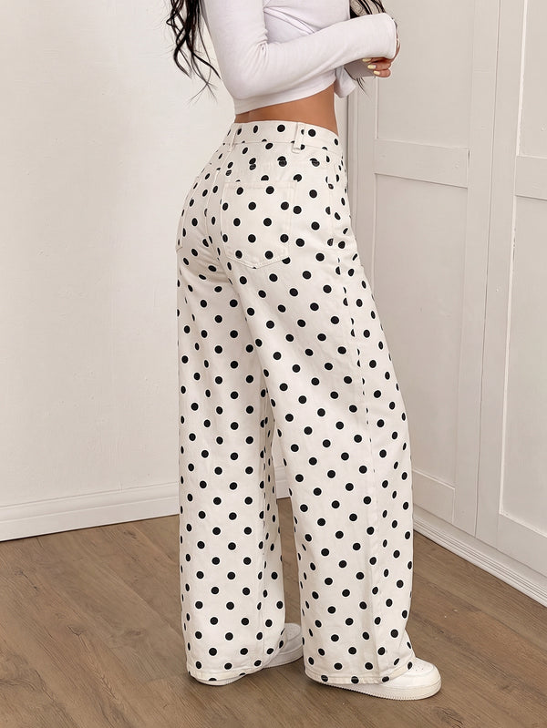 Black Polka Dot High Waist Loose Wide Leg Denim Pants