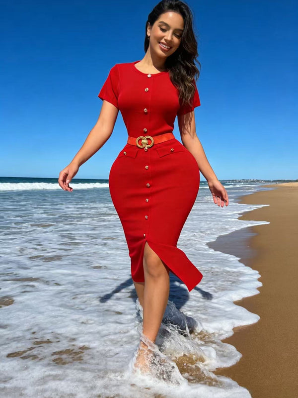 Knitted Short-Sleeve Metal Button Slit Bodycon Dress for Evening Wear