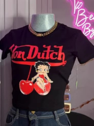 Women Summer American Print Sexy Short-Sleeved Crop T-Shirt