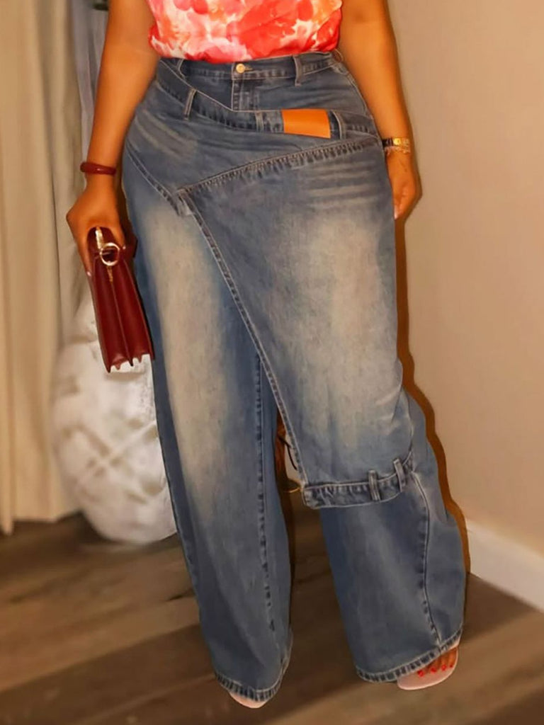 Asymmetrical Deconstructed Patchwork PU-Washed Denim Pants